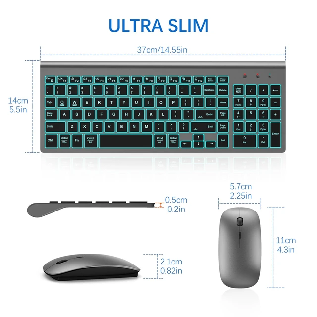 Alt view image 12 of 12 - Wireless Backlit Keyboard and Mouse Ultra Slim Combo, 2.4G Silent Compact 2400DPI Mouse and Scissor Switch Keyboard Set, Batteries Included, for PC/Laptop/Windows/Mac/Gaming - BL Gray Black