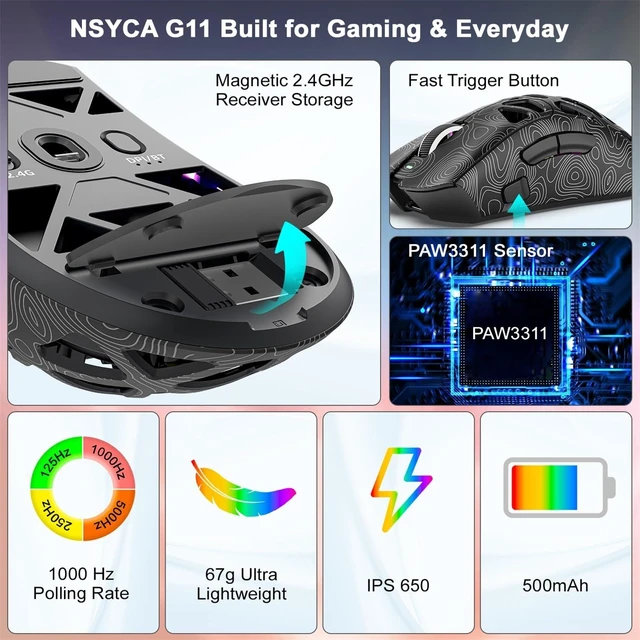 Alt view image 13 of 14 - Lightweight Wireless Gaming Mouse for FPS & Competitive Gaming, Tri-Mode Bluetooth 5.1/2.4GHz/USB-C, 22000 DPI RGB Mouse with Programmable Buttons for PC, Laptop & Mac