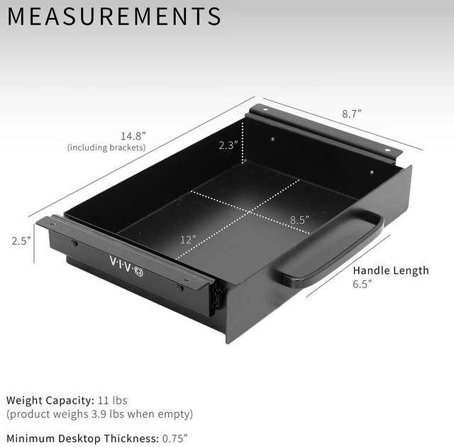 Alt view image 11 of 14 - inch Under Desk Mounted Sliding Pull-out Drawer for Office Desk, Pull Handle, Storage Organizer for Sit Stand Workstation, Black, DESK-DR1H-B