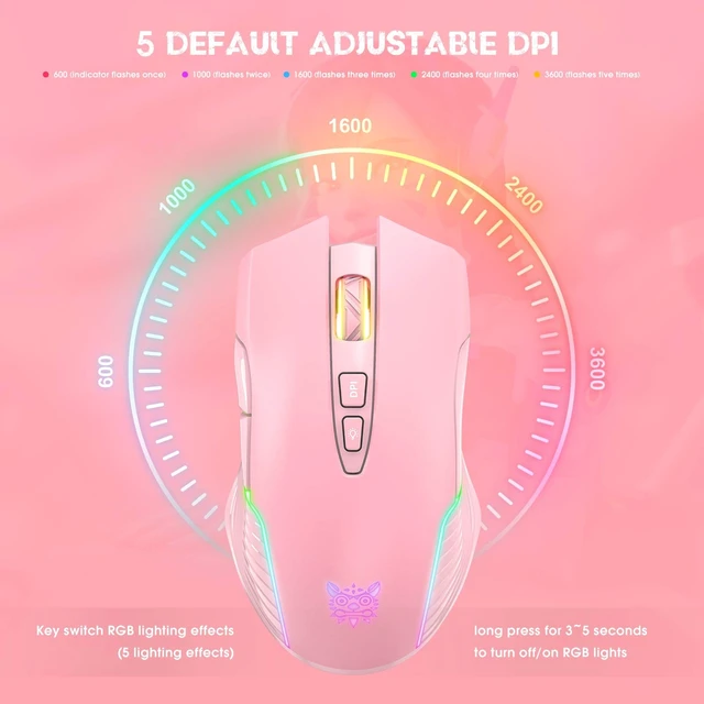 Alt view image 10 of 14 - RGB Wireless Gaming Mouse, Pink, Rechargeable, Ergonomic Design, Adjustable DPI, Compatible with Windows, Mac