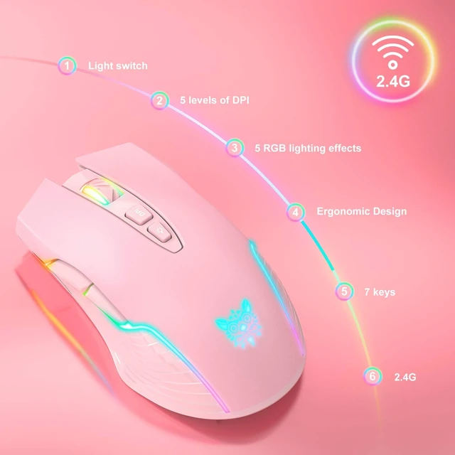 Alt view image 9 of 14 - RGB Wireless Gaming Mouse, Pink, Rechargeable, Ergonomic Design, Adjustable DPI, Compatible with Windows, Mac
