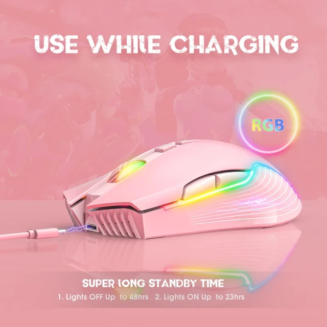 Alt view image 11 of 14 - RGB Wireless Gaming Mouse, Pink, Rechargeable, Ergonomic Design, Adjustable DPI, Compatible with Windows, Mac