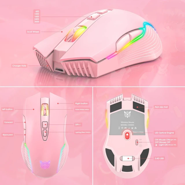 Alt view image 13 of 14 - RGB Wireless Gaming Mouse, Pink, Rechargeable, Ergonomic Design, Adjustable DPI, Compatible with Windows, Mac
