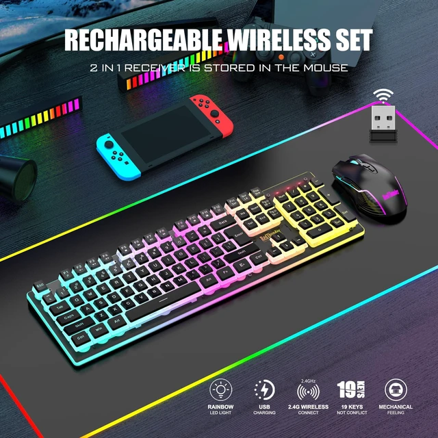 Alt view image 9 of 14 - Wireless Gaming Keyboard and Mouse Combo, RGB Backlit Rechargeable 3800mAh Battery, Mechanical Feel Anti-ghosting Keyboard with Pudding Keycaps + 7D 3200DPI Mice for PC Gamer (Black)