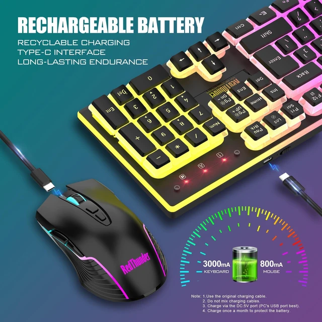 Alt view image 11 of 14 - Wireless Gaming Keyboard and Mouse Combo, RGB Backlit Rechargeable 3800mAh Battery, Mechanical Feel Anti-ghosting Keyboard with Pudding Keycaps + 7D 3200DPI Mice for PC Gamer (Black)