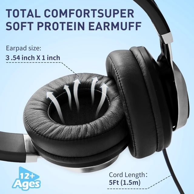 Alt view image 9 of 14 - Wired Headphones with Microphone Volume Control, Noise Isolating Over Ear Headphones Wired 3.5mm, Super Soft Corded Headphone for Cellphones, Tablet and Chromebook (Grey)