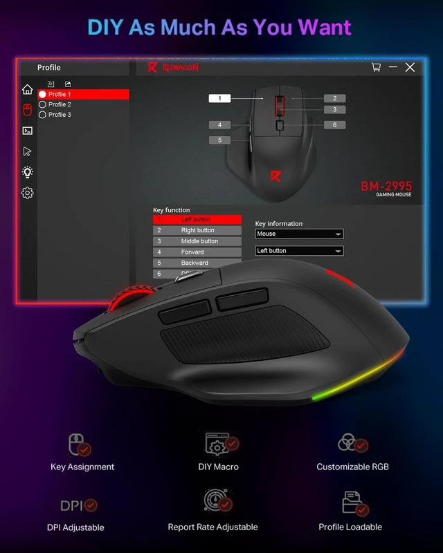 Alt view image 9 of 14 - Large Wireless Gaming Mouse for Big Hands, Tri-Modes 2.4G/Bluetooth/Wired Rechargeable Ergo RGB Mouse with 2 Side Buttons, 6 Backlit Modes, Programmable Macro Gamer Mouse