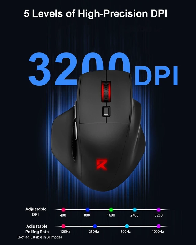 Alt view image 12 of 14 - Large Wireless Gaming Mouse for Big Hands, Tri-Modes 2.4G/Bluetooth/Wired Rechargeable Ergo RGB Mouse with 2 Side Buttons, 6 Backlit Modes, Programmable Macro Gamer Mouse