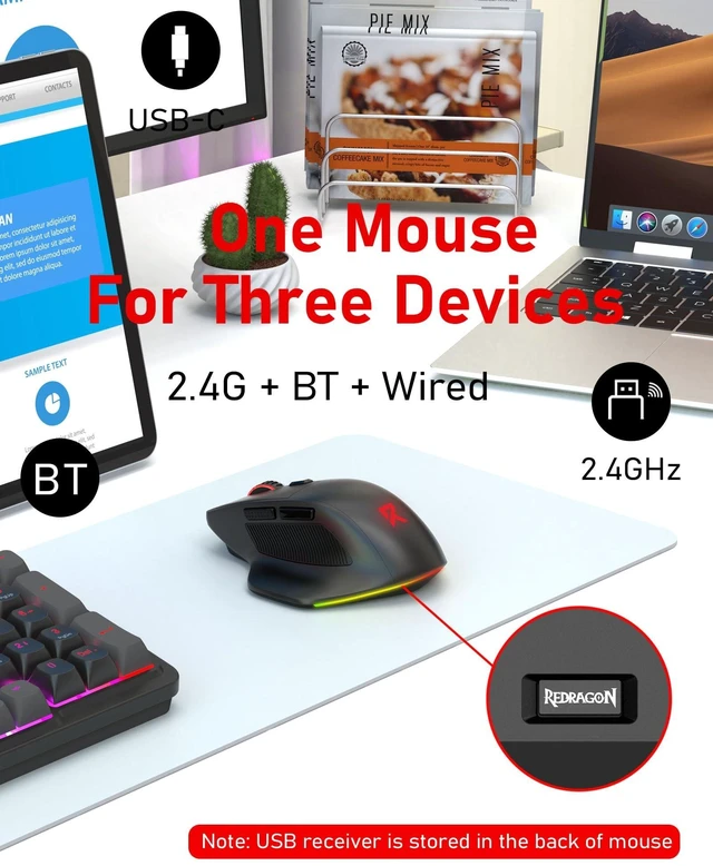 Alt view image 11 of 14 - Large Wireless Gaming Mouse for Big Hands, Tri-Modes 2.4G/Bluetooth/Wired Rechargeable Ergo RGB Mouse with 2 Side Buttons, 6 Backlit Modes, Programmable Macro Gamer Mouse