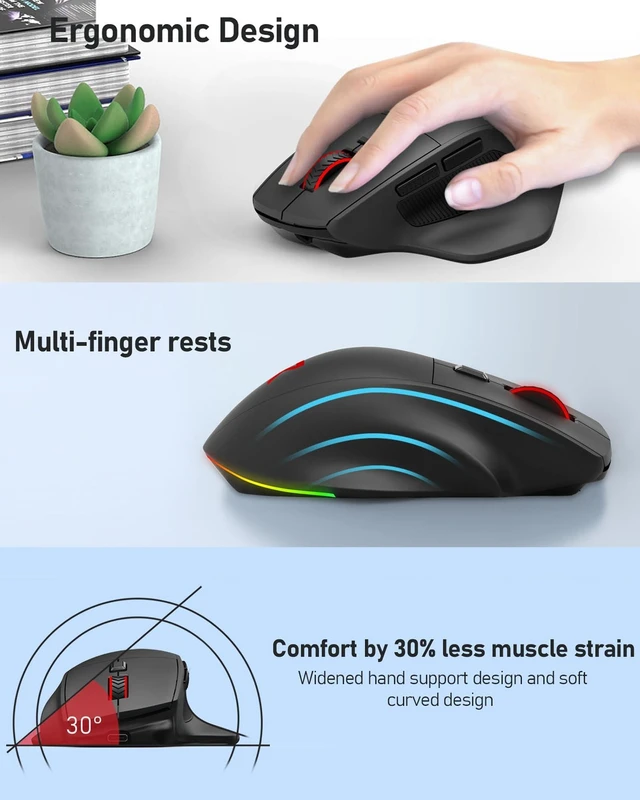 Alt view image 13 of 14 - Large Wireless Gaming Mouse for Big Hands, Tri-Modes 2.4G/Bluetooth/Wired Rechargeable Ergo RGB Mouse with 2 Side Buttons, 6 Backlit Modes, Programmable Macro Gamer Mouse