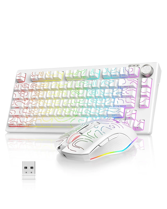 Alt view image 8 of 14 - Wireless Keyboard and Mouse Combo,75% Membrane Side-Engraved Keyboard,Optical Gaming Mouse with 4800DPI,3 Modes(BT/2.4G/Wired),Dual System,RGB Backlit,Rechargeable Battery,Contour White