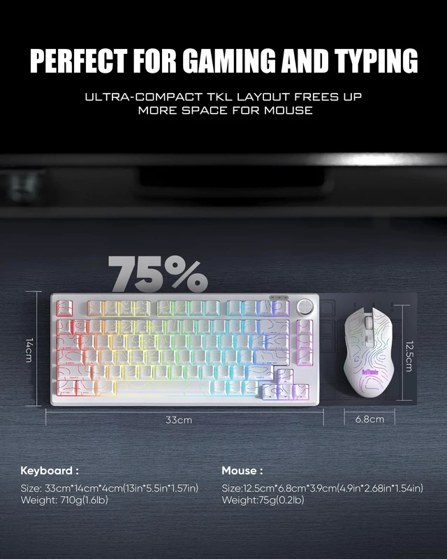 Alt view image 12 of 14 - Wireless Keyboard and Mouse Combo,75% Membrane Side-Engraved Keyboard,Optical Gaming Mouse with 4800DPI,3 Modes(BT/2.4G/Wired),Dual System,RGB Backlit,Rechargeable Battery,Contour White