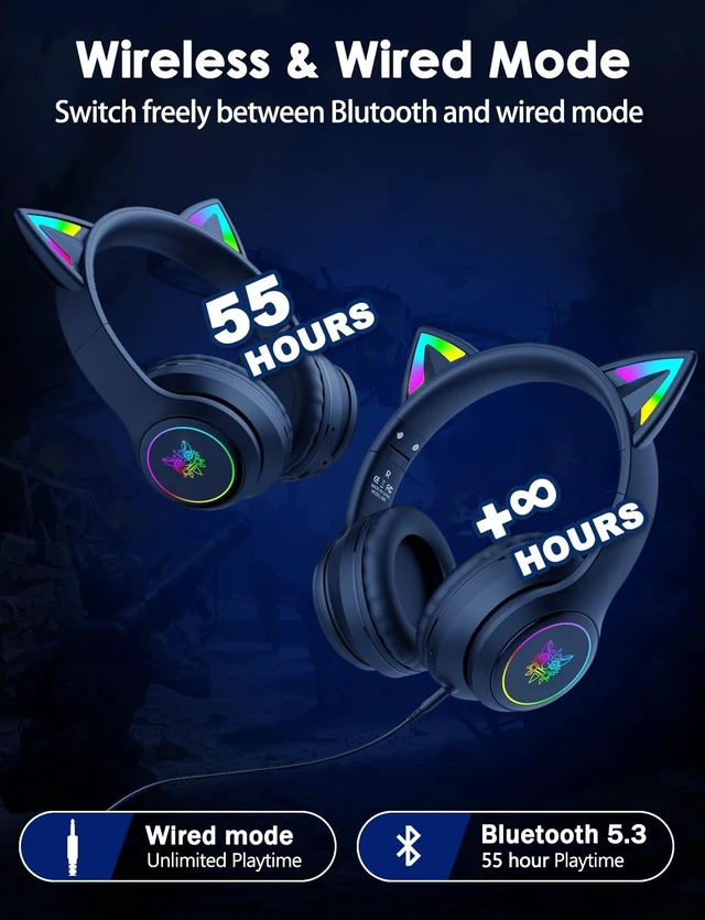 Alt view image 11 of 14 - Cat Ear Bluetooth Headphones for Kids & Adults, 55H Play Time, Wireless Foldable & Wired Multi-Function LED Light Up Over Ear Headphones with Mic and Volume Control for iPhone/iPad/Laptop/PC