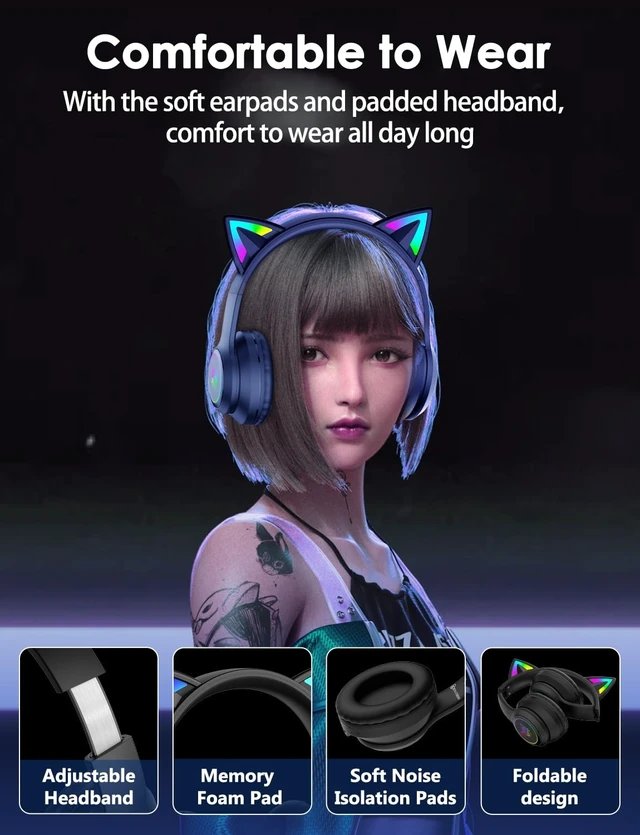 Alt view image 13 of 14 - Cat Ear Bluetooth Headphones for Kids & Adults, 55H Play Time, Wireless Foldable & Wired Multi-Function LED Light Up Over Ear Headphones with Mic and Volume Control for iPhone/iPad/Laptop/PC