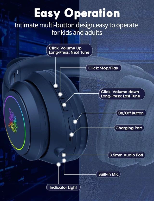 Alt view image 14 of 14 - Cat Ear Bluetooth Headphones for Kids & Adults, 55H Play Time, Wireless Foldable & Wired Multi-Function LED Light Up Over Ear Headphones with Mic and Volume Control for iPhone/iPad/Laptop/PC
