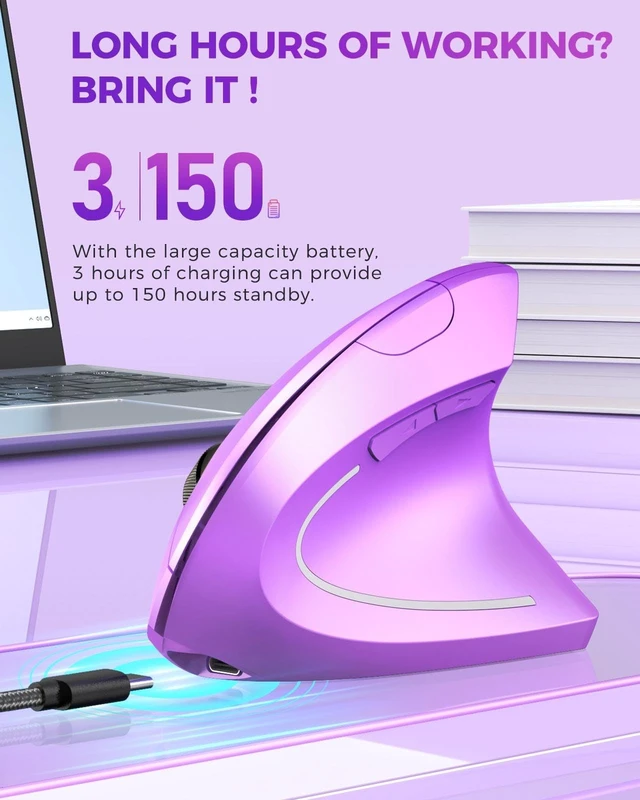Alt view image 11 of 14 - Ergonomic Mouse, Rechargeable Vertical Wireless Mouse, Purple