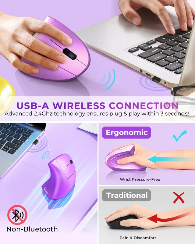 Alt view image 10 of 14 - Ergonomic Mouse, Rechargeable Vertical Wireless Mouse, Purple