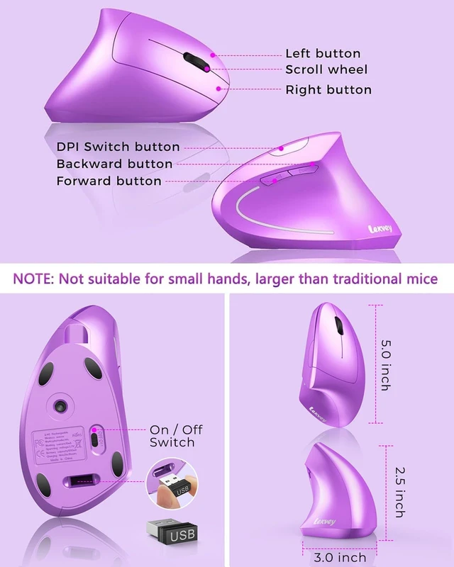 Alt view image 13 of 14 - Ergonomic Mouse, Rechargeable Vertical Wireless Mouse, Purple