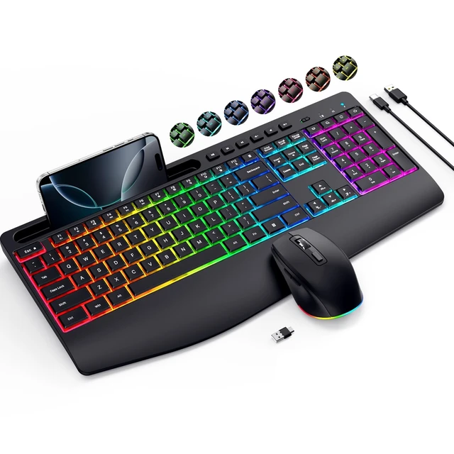 Alt view image 8 of 14 - Wireless Keyboard and Mouse Combo 2.4G Rechargeable Keyboard with Phone Holder, Ergonomic Wrist Rest, 9 RGB Backlit Effects, Silent Keyboard Mouse Set for Windows, Laptop, PC