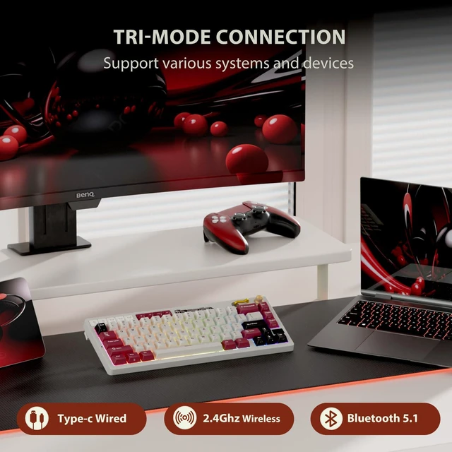 Alt view image 10 of 14 - Wireless Mechanical Keyboard with Volume Knob, 60% Tri-Mode Gaming Keyboard 2.4G/BT/USB-C, Gasket Mount, Battery Display, PBT Keycaps, Hot-Swappable Cream Switch, White