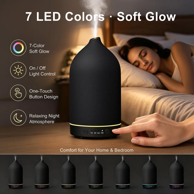 Alt view image 11 of 14 - 200ML Ceramic Essential Oil Diffuser for Home, Stone Diffuser | Ultrasonic Aromatherapy Diffuser & Air Humidifier for Bedroom, Office, Yoga, 7 LED Lights, Auto Shut-Off, 3 Timers, Black