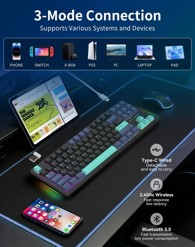 Alt view image 10 of 14 - Wireless Mechanical Keyboard, Tri-Mode Bluetooth/2.4GHz/USB-C