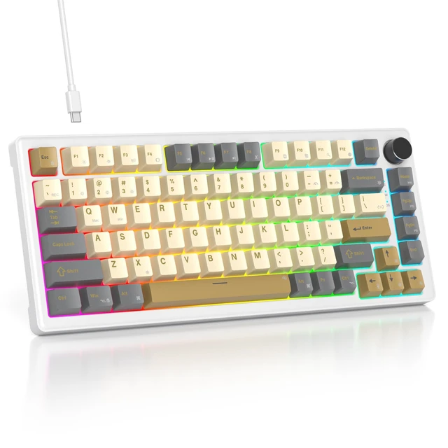 Alt view image 7 of 12 - Retro Mechanical Keyboard Gasket with Knob, Custom Wired Creamy Gaming Keyboard TKL 75 Percent Hot Swappable RGB Backlit, Pre-lubed Switch for Win/MAC PC LaptopShimmer/White Switch