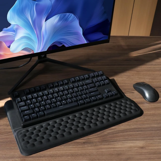 Alt view image 14 of 14 - Computer Keyboard Stand with Wrist Rest, Ergonomic Tilted Keyboard Holder - Keyboard Riser with Wrist Pad - Keyboard Tray Support for Office Home - Black