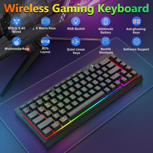 Alt view image 10 of 14 - Wireless Gaming Keyboard and Mouse Combo, 60% Portable, Black