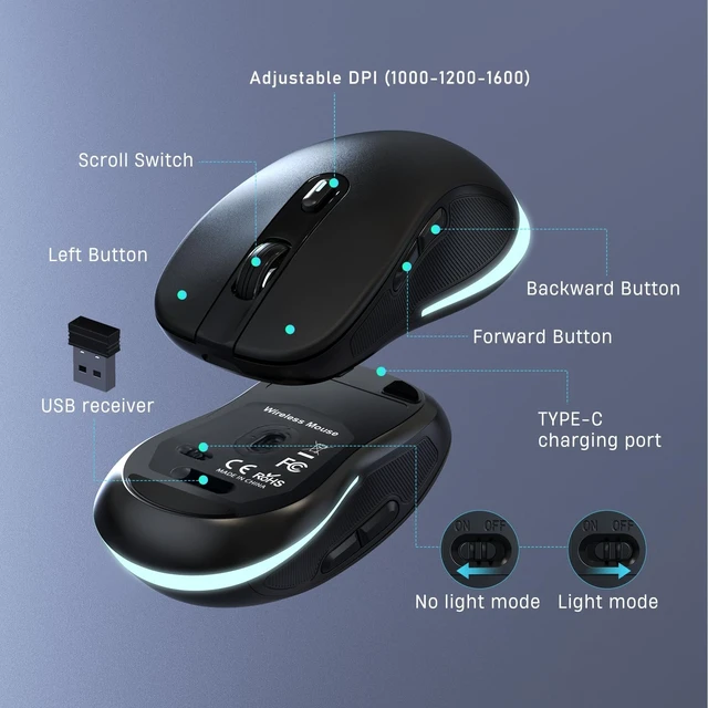 Alt view image 9 of 12 - Large Print Wireless Keyboard and Mouse - 7 Colors Backlit Keyboard, Oversize Letters Keys Easy to See and Type, Rechargeable Keyboard and Mouse with Light Up Key, Compatible for PC, Windows, Gaming