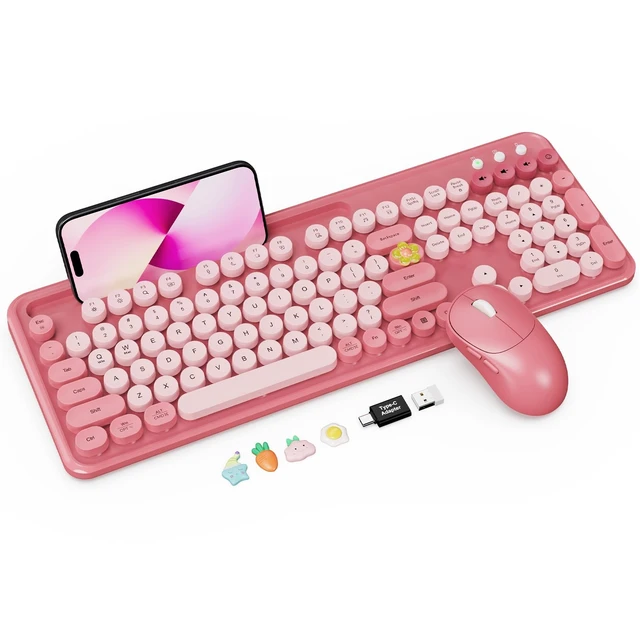Alt view image 8 of 14 - Wireless Keyboard and Mouse Combo, Rose, Round Keycaps, Phone/Tablet Holder
