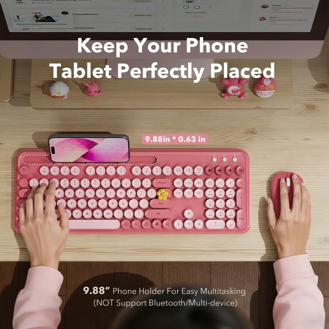 Alt view image 9 of 14 - Wireless Keyboard and Mouse Combo, Rose, Round Keycaps, Phone/Tablet Holder