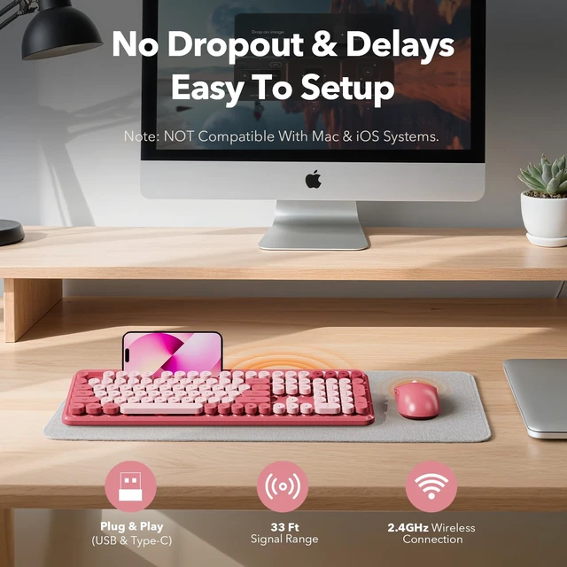 Alt view image 14 of 14 - Wireless Keyboard and Mouse Combo, Rose, Round Keycaps, Phone/Tablet Holder
