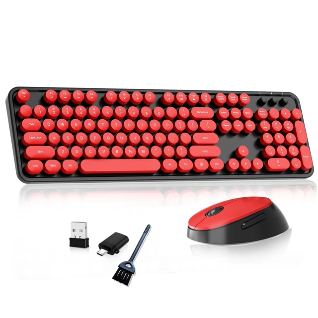 Alt view image 8 of 14 - Wireless Keyboard and Mouse, COOFUN Retro Typewriter Keyboard with Round Keycaps, Full-Size Ergonomic, Ideal for Windows PC, Home, Office, and College Black and Red