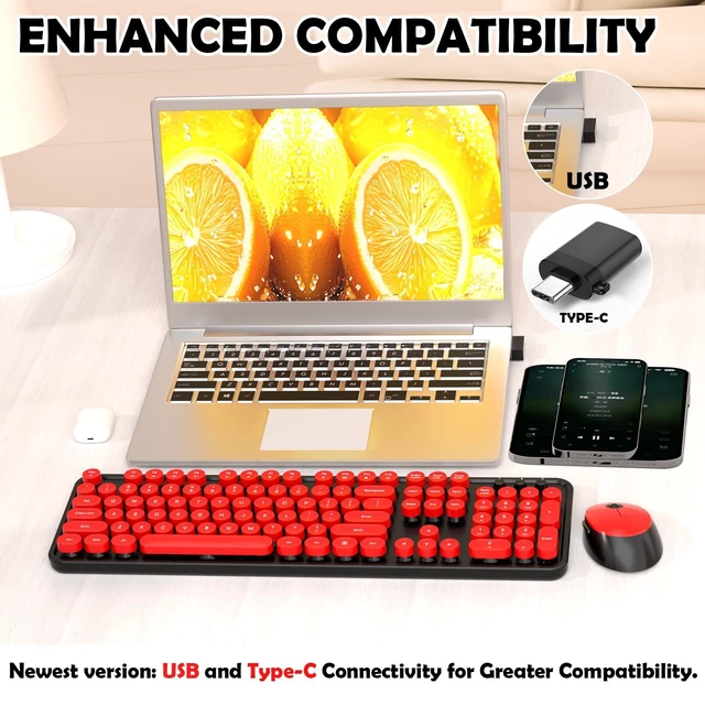 Alt view image 14 of 14 - Wireless Keyboard and Mouse, COOFUN Retro Typewriter Keyboard with Round Keycaps, Full-Size Ergonomic, Ideal for Windows PC, Home, Office, and College Black and Red