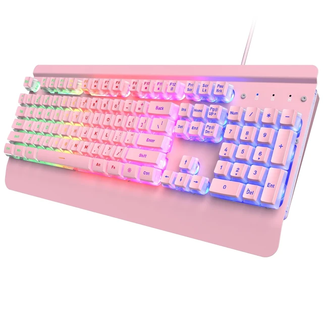 Alt view image 8 of 14 - Pink Creamy Keyboard, 104 Keys All-Metal Panel, Rainbow LED Backlit Silent Gaming Keyboard, Wrist Rest, PBT Keycap, Anti-ghosting Keys, Light Up USB Wired Computer Keyboard for PC