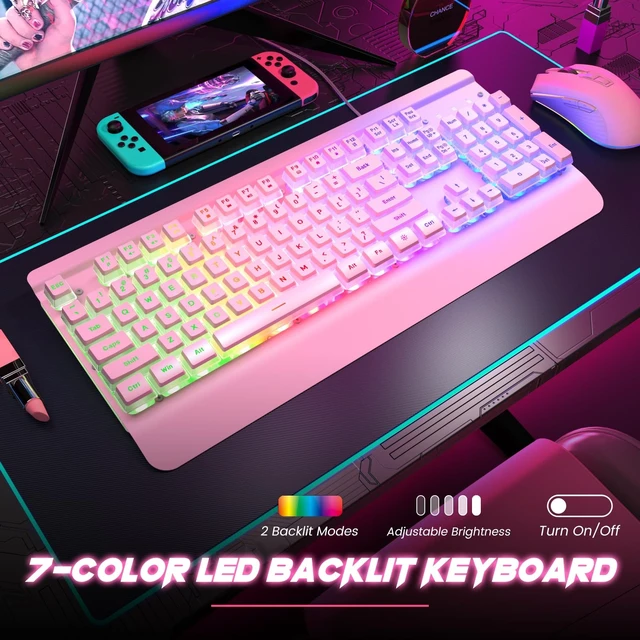 Alt view image 9 of 14 - Pink Creamy Keyboard, 104 Keys All-Metal Panel, Rainbow LED Backlit Silent Gaming Keyboard, Wrist Rest, PBT Keycap, Anti-ghosting Keys, Light Up USB Wired Computer Keyboard for PC