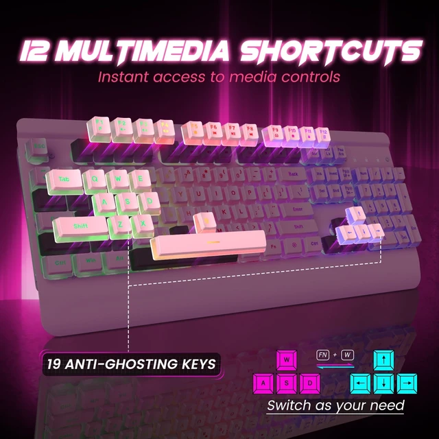 Alt view image 12 of 14 - Pink Creamy Keyboard, 104 Keys All-Metal Panel, Rainbow LED Backlit Silent Gaming Keyboard, Wrist Rest, PBT Keycap, Anti-ghosting Keys, Light Up USB Wired Computer Keyboard for PC