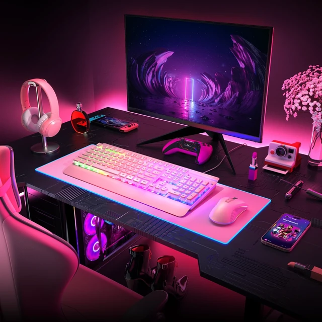 Alt view image 14 of 14 - Pink Creamy Keyboard, 104 Keys All-Metal Panel, Rainbow LED Backlit Silent Gaming Keyboard, Wrist Rest, PBT Keycap, Anti-ghosting Keys, Light Up USB Wired Computer Keyboard for PC