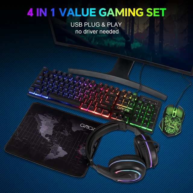 Alt view image 14 of 14 - Gaming LED Keyboard Mouse Headset and Mousepad Bundle,Wired Rainbow