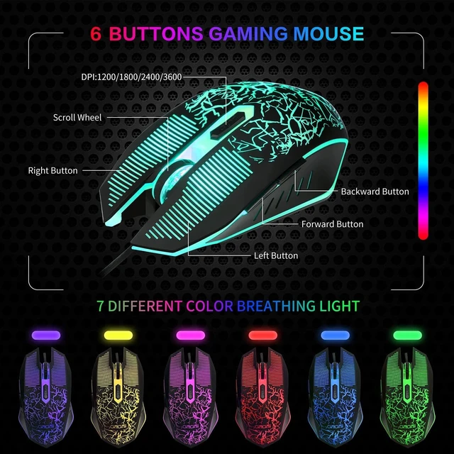 Alt view image 11 of 14 - Gaming LED Keyboard Mouse Headset and Mousepad Bundle,Wired Rainbow