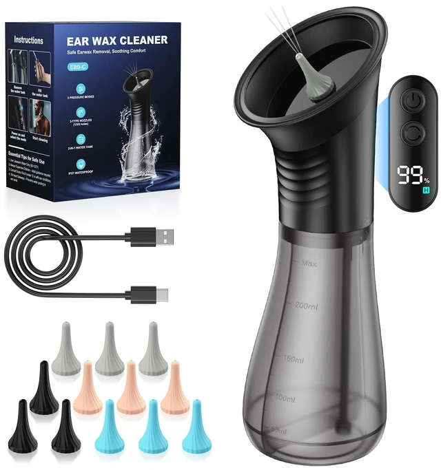 Alt view image 8 of 14 - Electric Ear Wax Removal with One-Piece Waste Tank and Smart Display, 3 Targeted Modes, 230ml Detachable Tank, 12 Nozzles -Ear Cleaning Kit IPX7