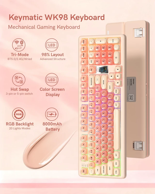 Alt view image 9 of 14 - Foundation Mechanical Keyboard,98% Pink Creamy Keyboard Gaming Keyboard,3 Mode with Multimedia Screen,RGB Backlit,Jelly MOA Profile keycaps for Win/Mac,Pink
