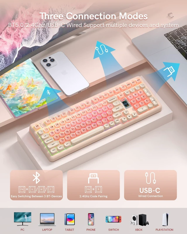 Alt view image 10 of 14 - Foundation Mechanical Keyboard,98% Pink Creamy Keyboard Gaming Keyboard,3 Mode with Multimedia Screen,RGB Backlit,Jelly MOA Profile keycaps for Win/Mac,Pink