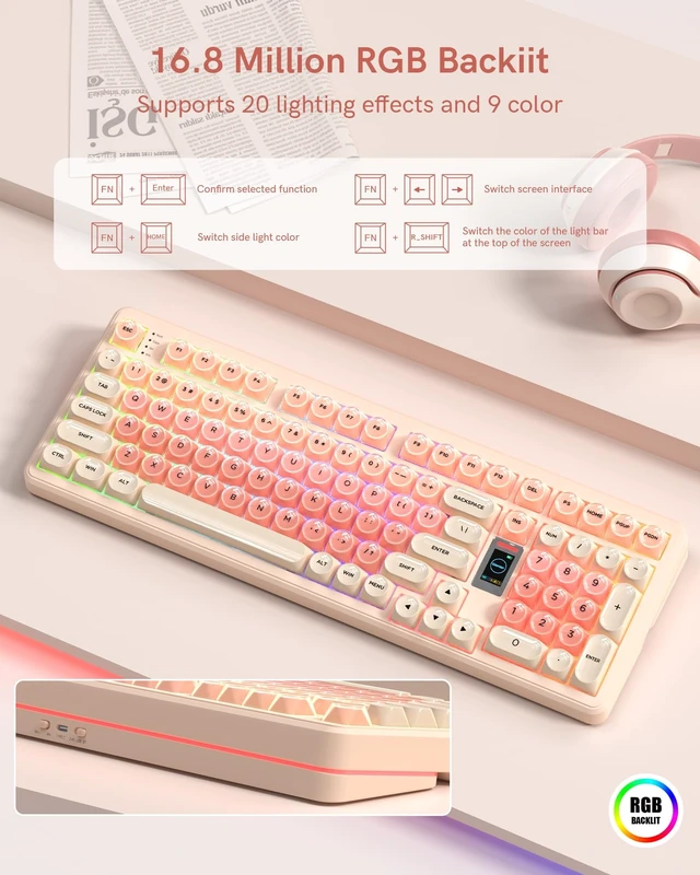 Alt view image 11 of 14 - Foundation Mechanical Keyboard,98% Pink Creamy Keyboard Gaming Keyboard,3 Mode with Multimedia Screen,RGB Backlit,Jelly MOA Profile keycaps for Win/Mac,Pink