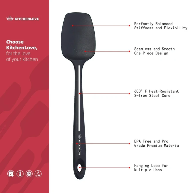 Alt view image 10 of 14 - Premium 600°F Heat Resistant 5 Piece Silicone Spatula Set for Baking, Cooking, Mixing - Non-Stick with High Grade S-Iron Steel Core - One Piece Seamless Design - BPA Free (Black)