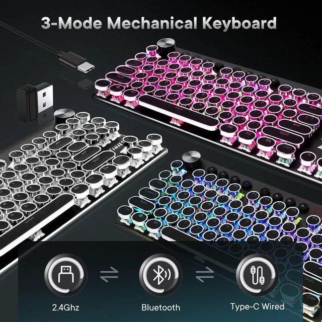 Alt view image 9 of 14 - Wireless Typewriter Keyboard Mechanical Gaming TKL, Tri-Mode, Clicky Switch
