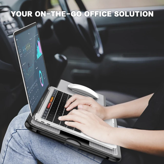 Alt view image 9 of 14 - Portable Laptop Lap Desk w/Retractable Left/Right Mouse Pad Tray, Non-Slip Heat Shield Tablet Notebook Computer Stand Table w/Sturdy Stable Work Surface for Bed Sofa Couch or Travel