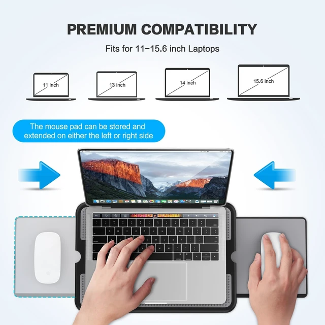 Alt view image 13 of 14 - Portable Laptop Lap Desk w/Retractable Left/Right Mouse Pad Tray, Non-Slip Heat Shield Tablet Notebook Computer Stand Table w/Sturdy Stable Work Surface for Bed Sofa Couch or Travel