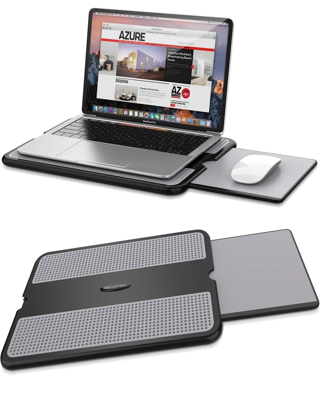 Alt view image 8 of 14 - Portable Laptop Lap Desk w/Retractable Left/Right Mouse Pad Tray, Non-Slip Heat Shield Tablet Notebook Computer Stand Table w/Sturdy Stable Work Surface for Bed Sofa Couch or Travel